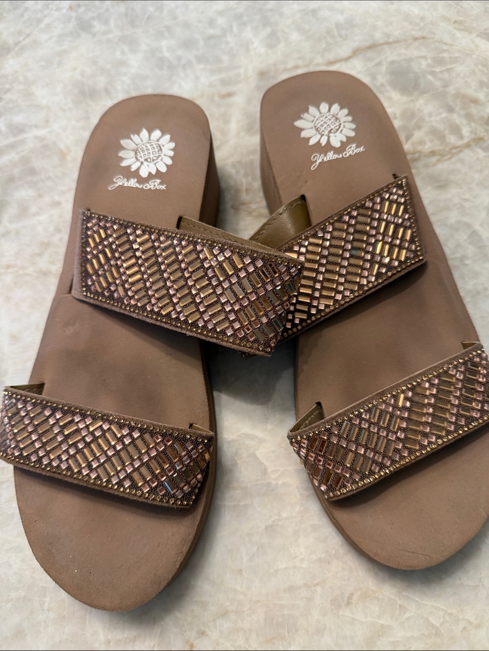 Yellow Box Brown Beaded Double-Strap Slide Sandals